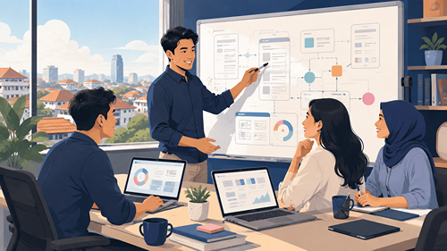 Ilustrasi tim developer membahas proyek aplikasi di Semarang